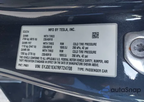 2024 Tesla Model 3 Long Range Dual Motor All-Wheel Drive/Rear-Wheel Drive из США, поврежденный, VIN 5YJ3E1EA7RF724708